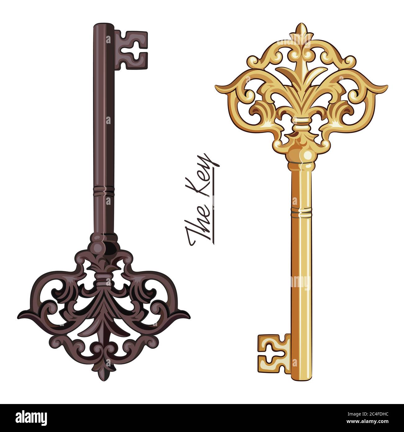 Chiavi d'epoca medievali ornamentali con rotoli di foglie vittoriane, chiavi antiche disegnate a mano Illustrazione Vettoriale