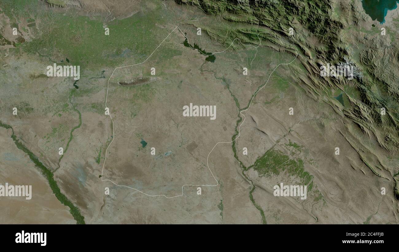 Ninawa, provincia dell'Iraq. Immagini satellitari. Forma delineata rispetto alla sua area di paese. Rendering 3D Foto Stock