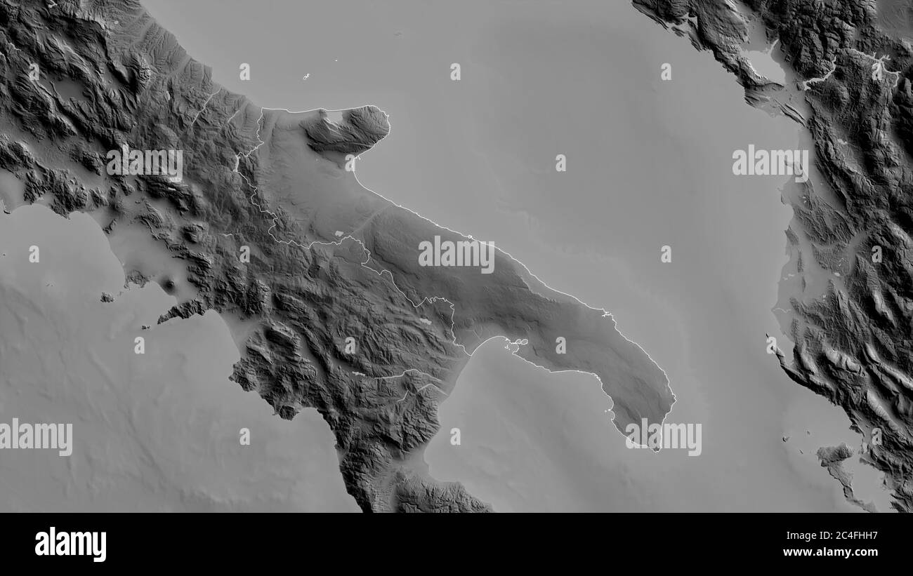 Puglia, regione Italia. Mappa in scala di grigi con laghi e fiumi. Forma delineata rispetto alla sua area di paese. Rendering 3D Foto Stock