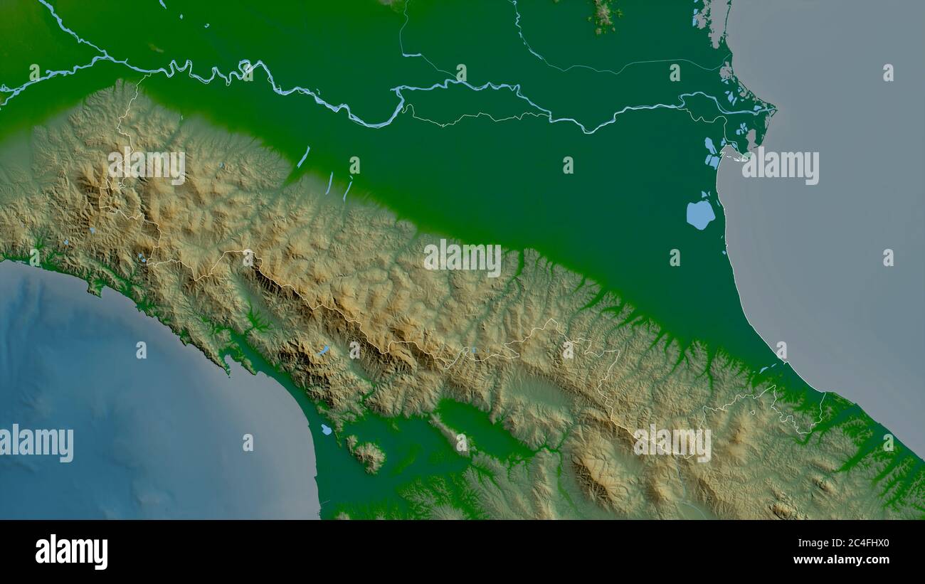 Emilia-Romagna, regione Italia. Dati di shader colorati con laghi e fiumi.  Forma delineata rispetto alla sua area di paese. Rendering 3D Foto stock -  Alamy