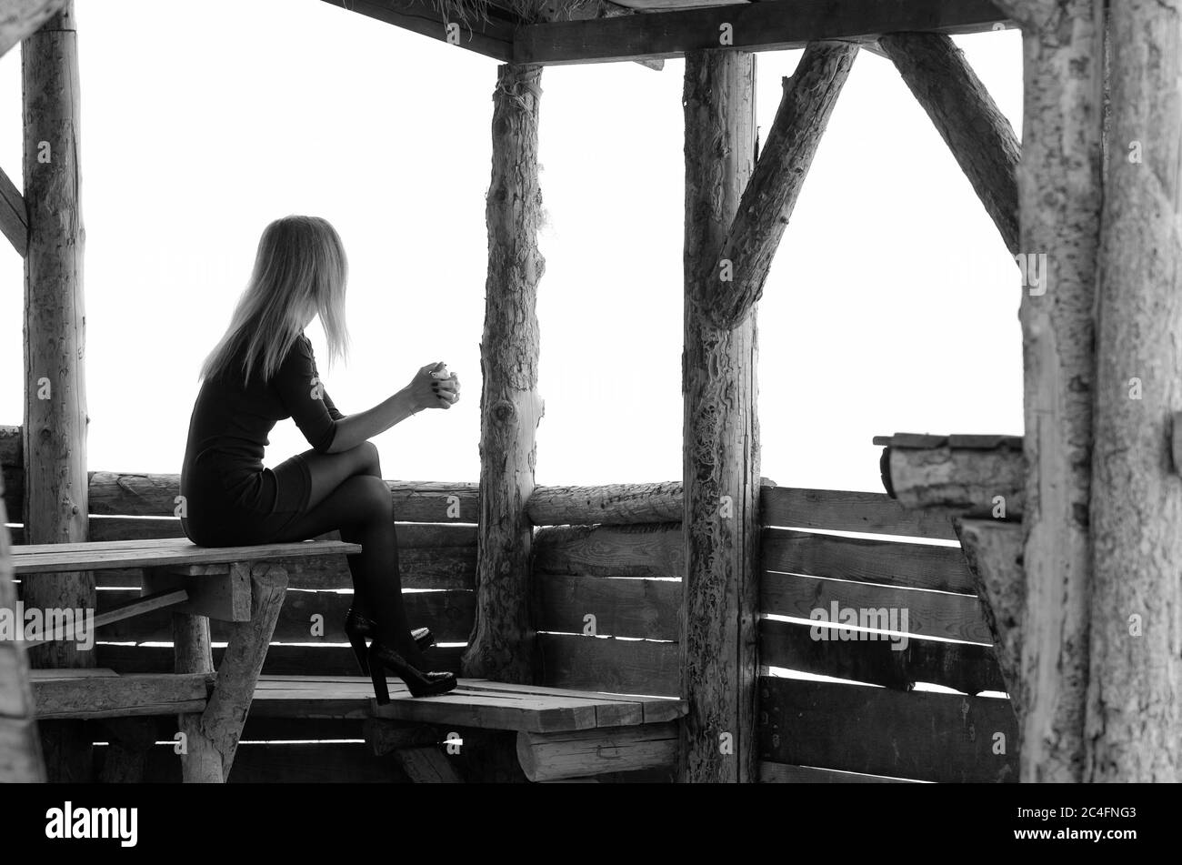 Una ragazza si siede in un albero di legno in un giorno foggy e guarda in lontananza Foto Stock