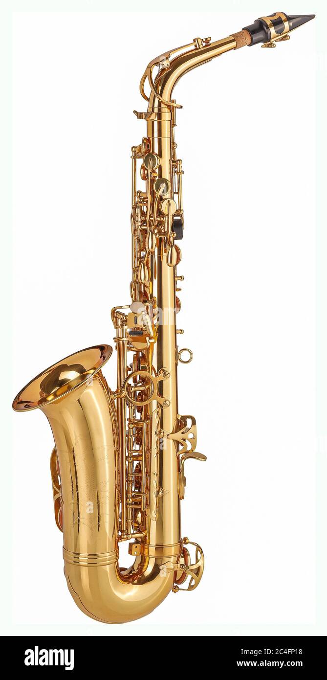 Sassofono d'oro, strumento classico isolato su sfondo bianco Foto Stock