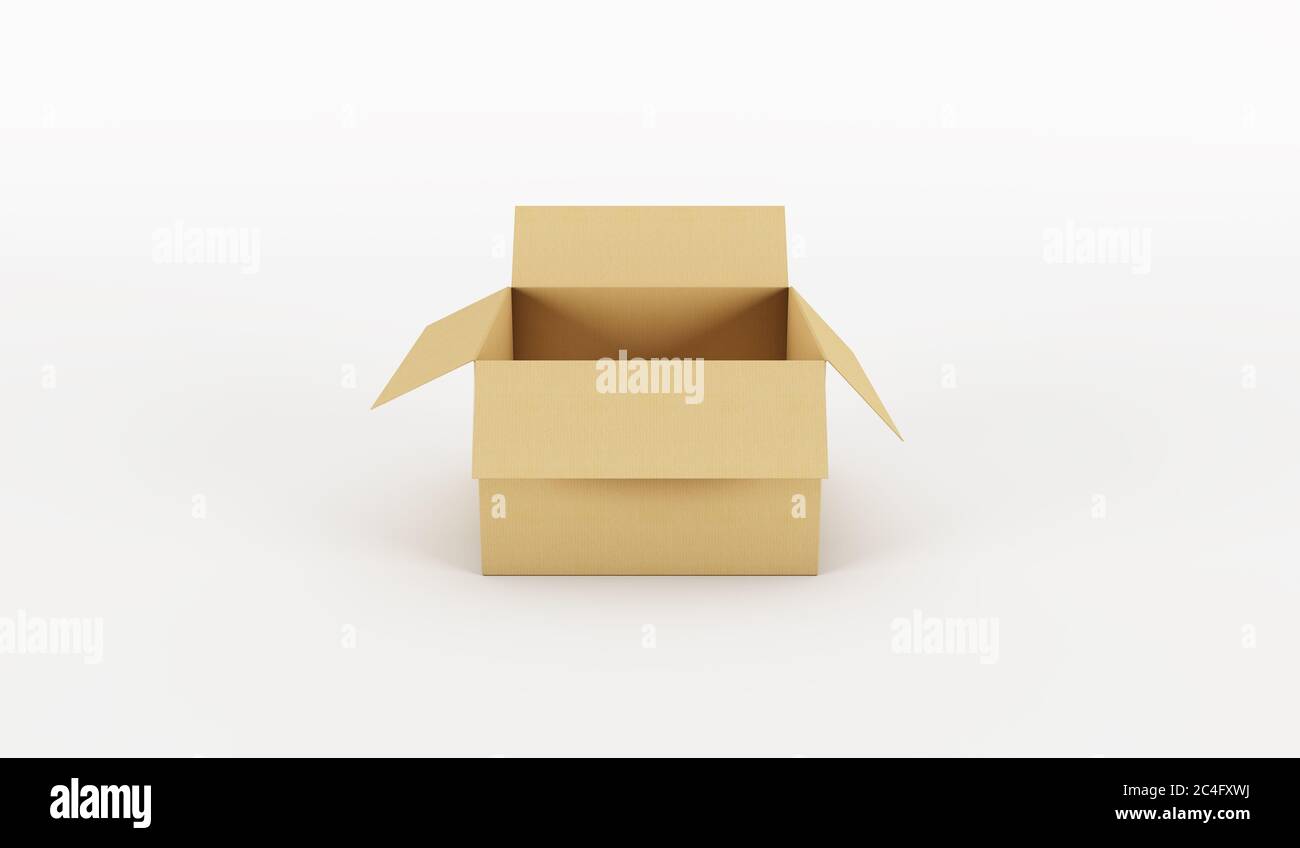Rendering 3D di una scatola di cartone aperta su bianco Foto Stock