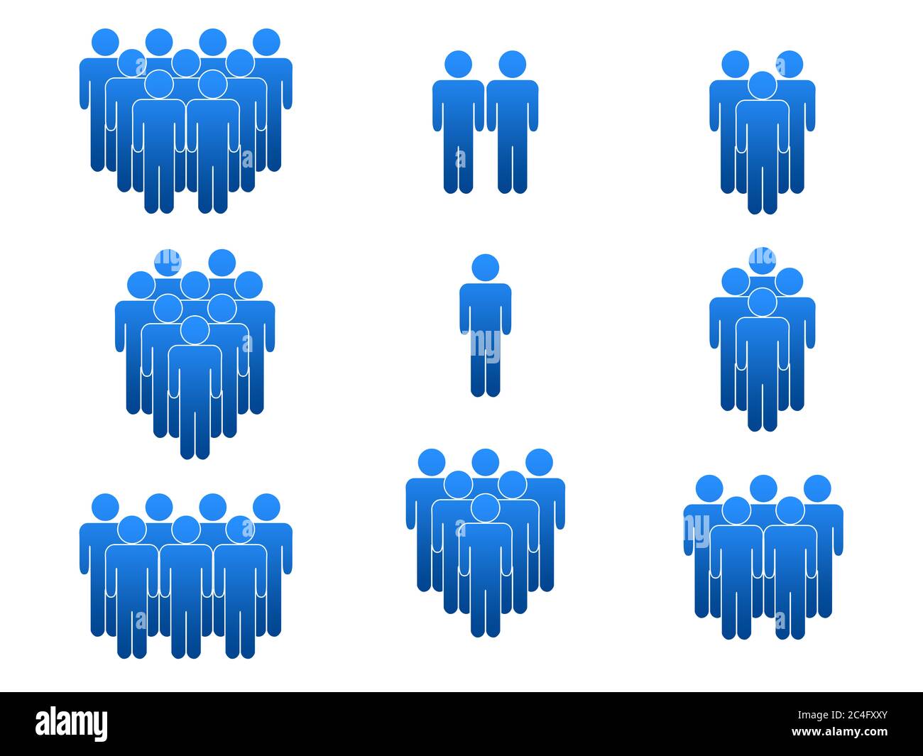Icona persone impostata in blu sfumato con un bordo bianco Foto Stock