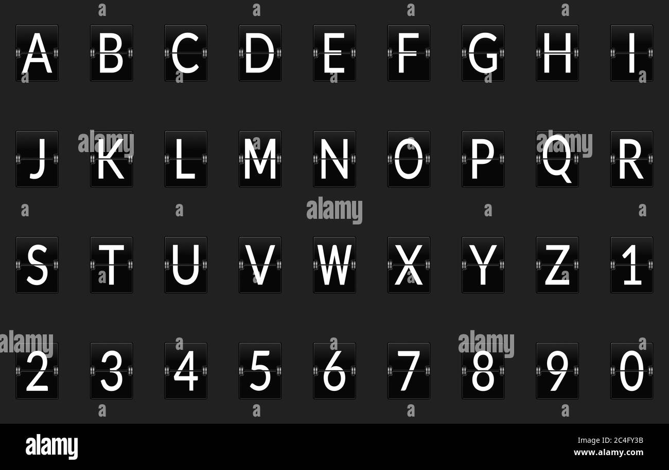 Alfabeto completo ad alta risoluzione capovolge le lettere di visualizzazione da A a Z con numeri da 0 a 9 Foto Stock