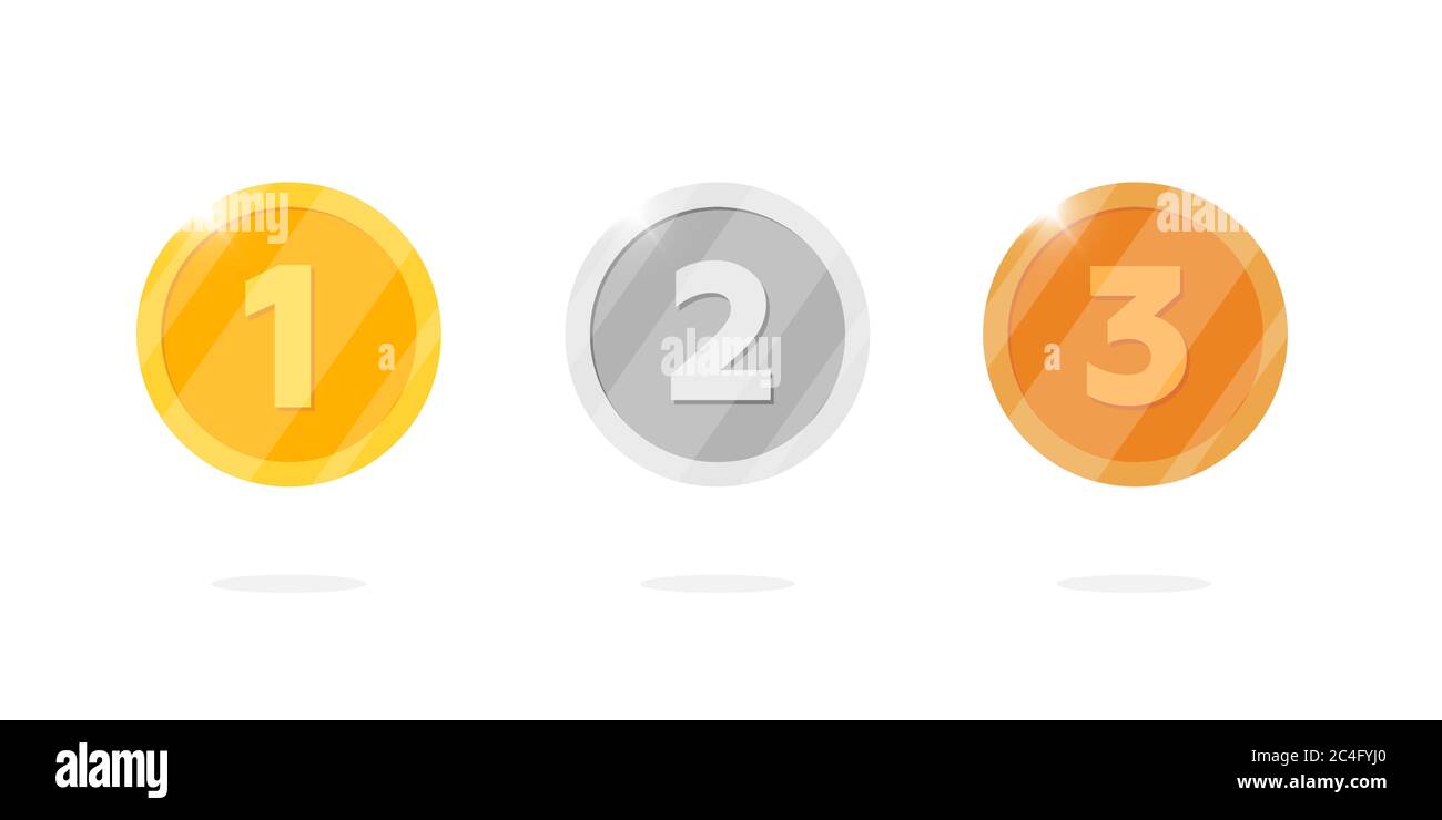 Medaglia d'oro in bronzo argento con il primo secondo terzo posto numero. Premio per il raggiungimento del bonus di animazione per giochi video o applicazioni. Vincitore trofeo isolato flat vettore eps illustrazione Illustrazione Vettoriale