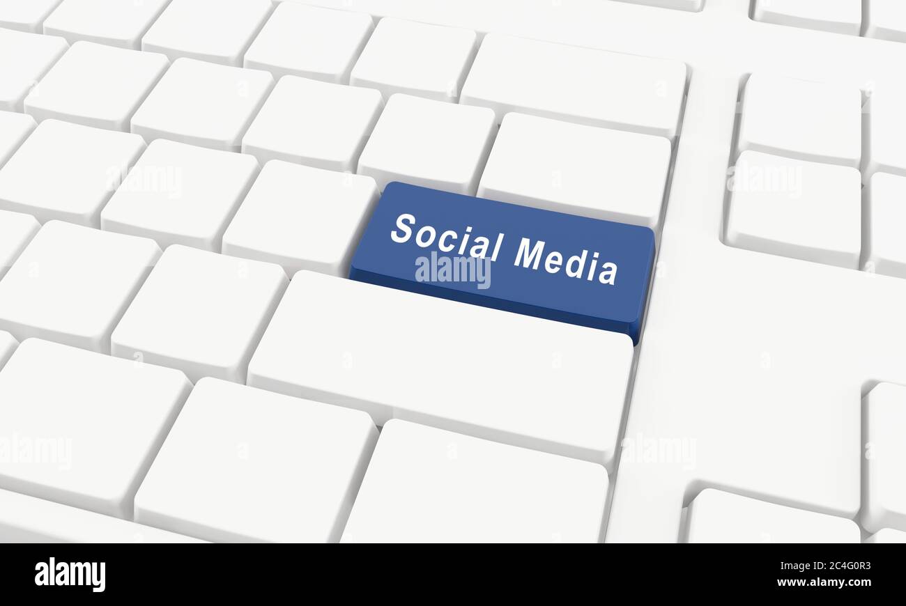 Tastiera del computer con un tasto blu che scrive i social media Foto Stock