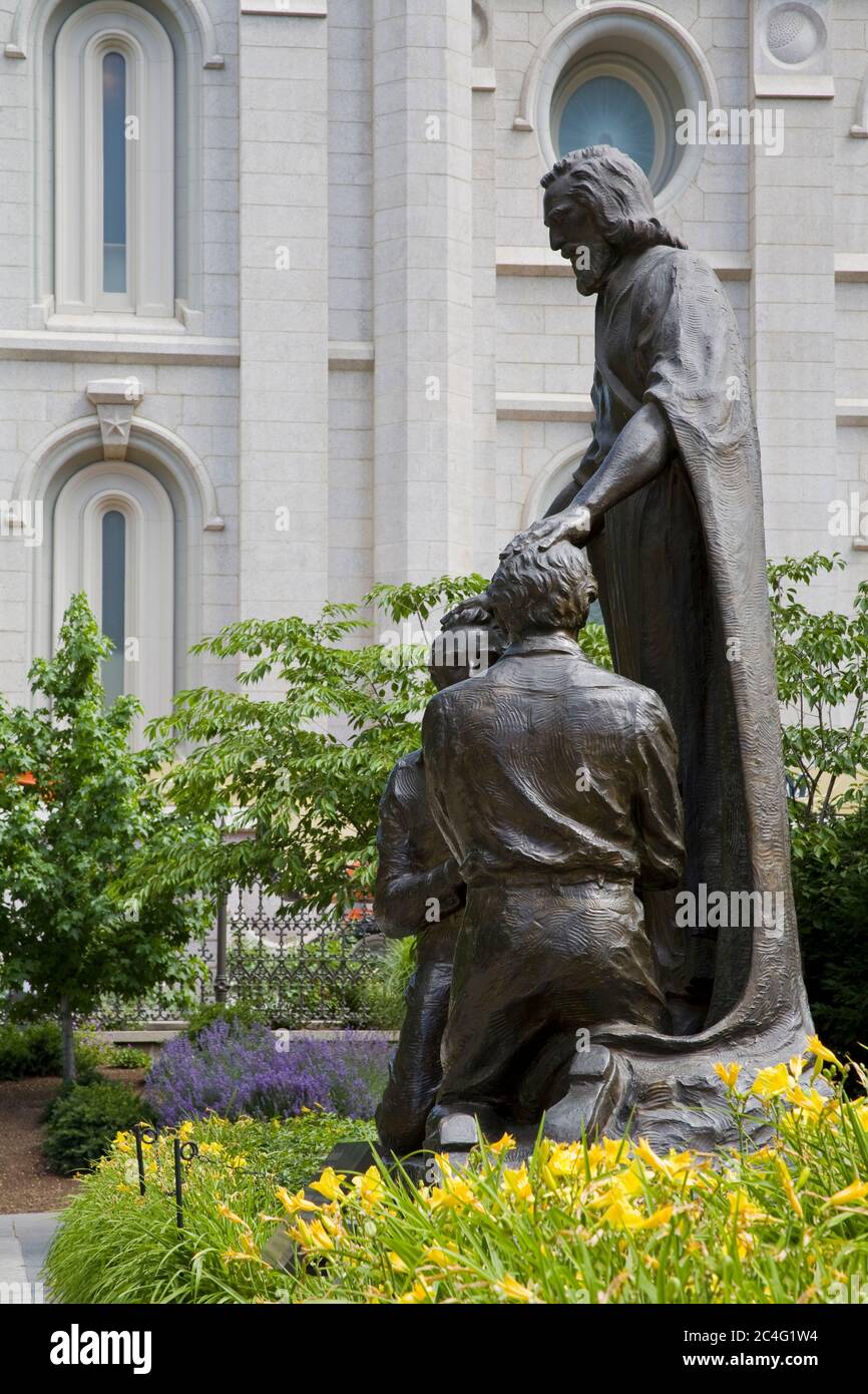 Monumento Sacerdozio di Aaronne su Temple Square, Salt Lake City, Utah, USA, Nord America Foto Stock