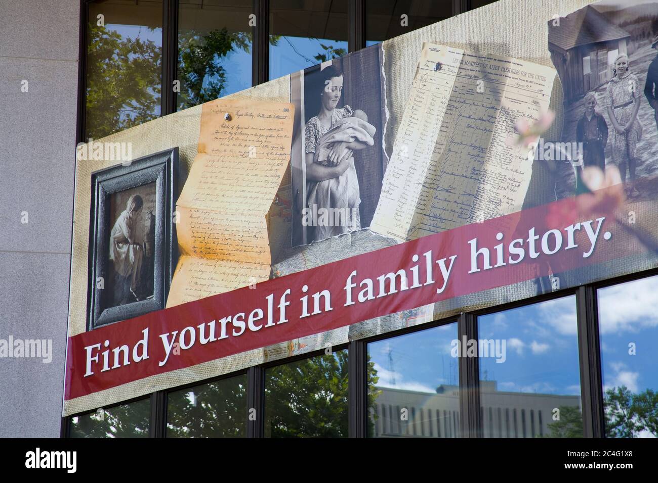 Biblioteca di storia della famiglia su Temple Square, Salt Lake City, Utah, USA, Nord America Foto Stock