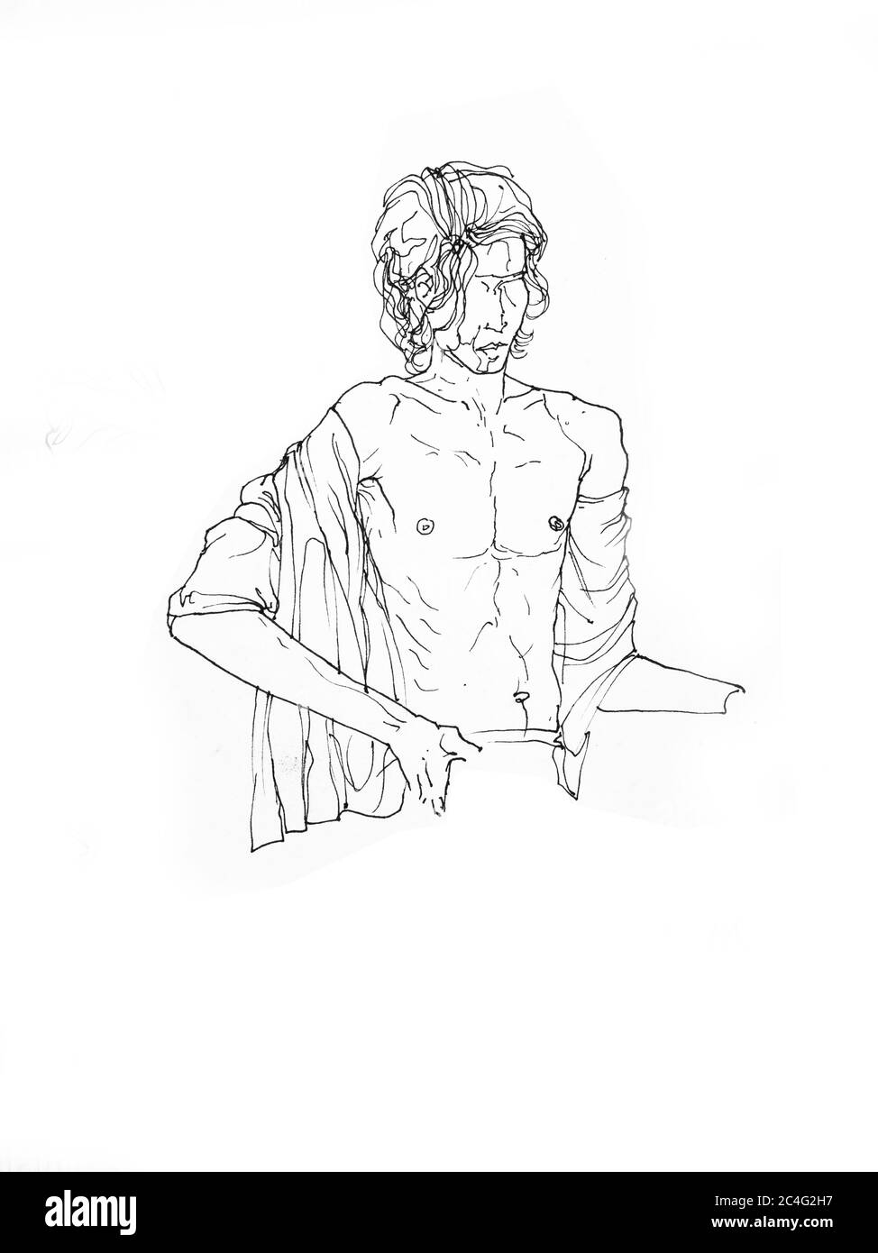 Uomo seduto Open Chest con tessuto sulla spalla - figurativo linea disegno Creative Illustrazione Foto Stock