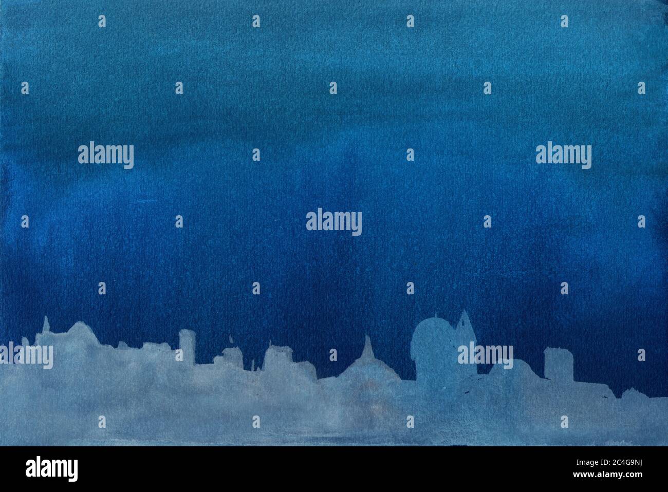 Il cielo con le nuvole sulla città. Notte. Astratto blu acquerello sfondo divorzio. Illustrazione acquerello Foto Stock