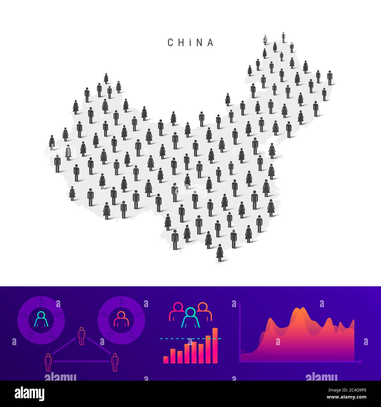 Mappa icone del popolo cinese. Silhouette dettagliata. Folla mista di uomini e donne. Infografiche della popolazione. Illustrazione isolata. Foto Stock