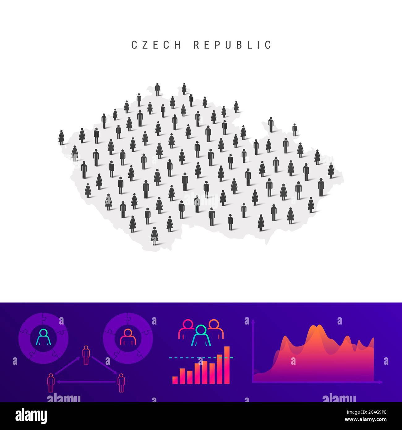 Mappa icone della gente ceca. Silhouette dettagliata. Folla mista di uomini e donne. Infografiche della popolazione. Illustrazione isolata. Foto Stock