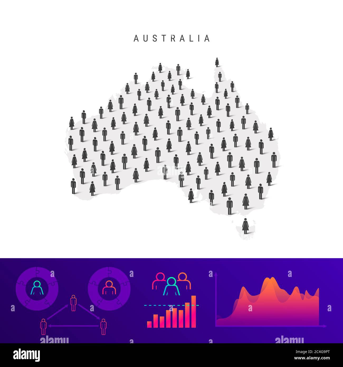 Mappa delle icone australiane. Silhouette dettagliata. Folla mista di uomini e donne. Infografiche della popolazione. Illustrazione isolata. Foto Stock