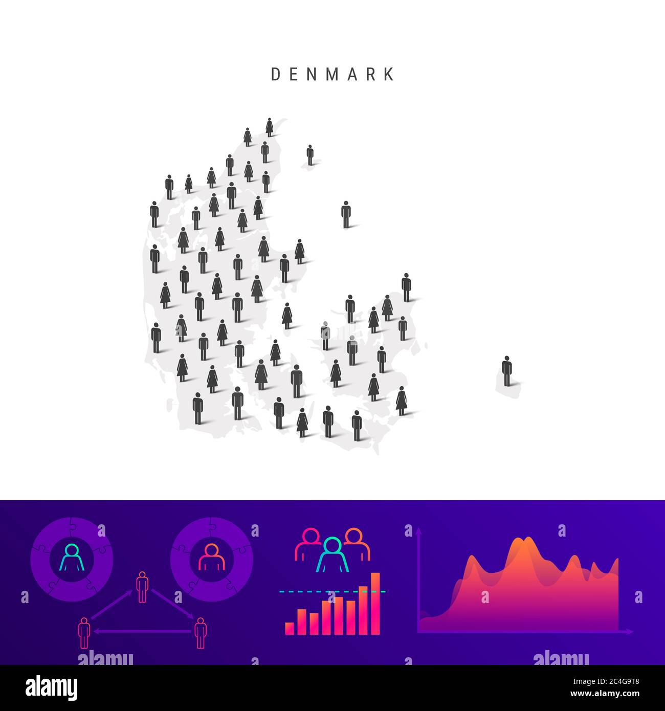 Mappa delle icone del popolo danese. Silhouette dettagliata. Folla mista di uomini e donne. Infografiche della popolazione. Illustrazione isolata. Foto Stock