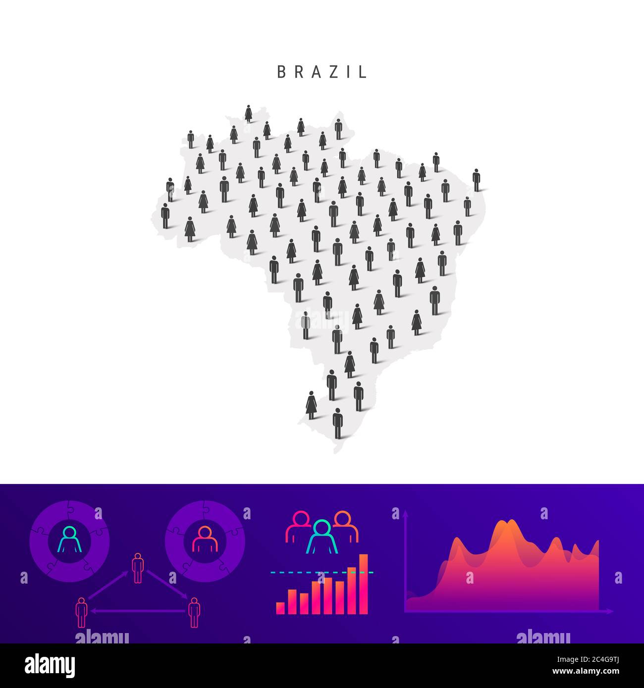 Mappa icone persone brasiliane. Silhouette dettagliata. Folla mista di uomini e donne. Infografiche della popolazione. Illustrazione isolata. Foto Stock