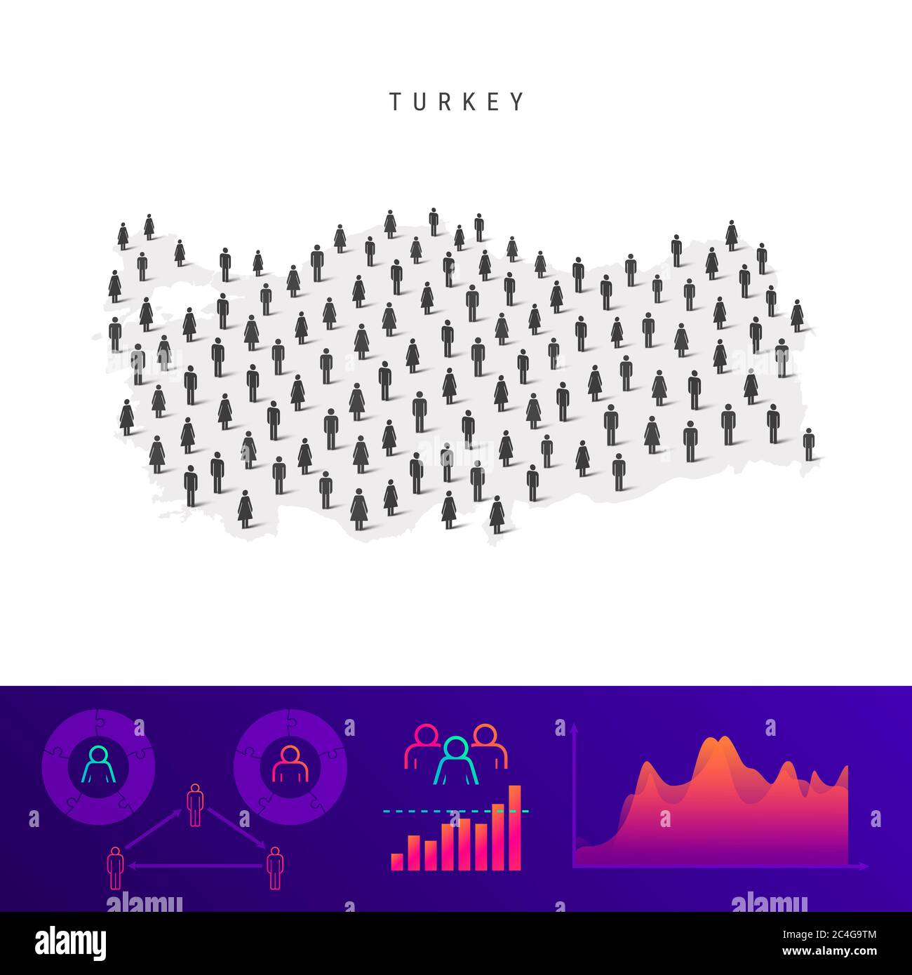 Mappa delle icone del popolo turco. Silhouette dettagliata. Folla mista di uomini e donne. Infografiche della popolazione. Illustrazione isolata. Foto Stock
