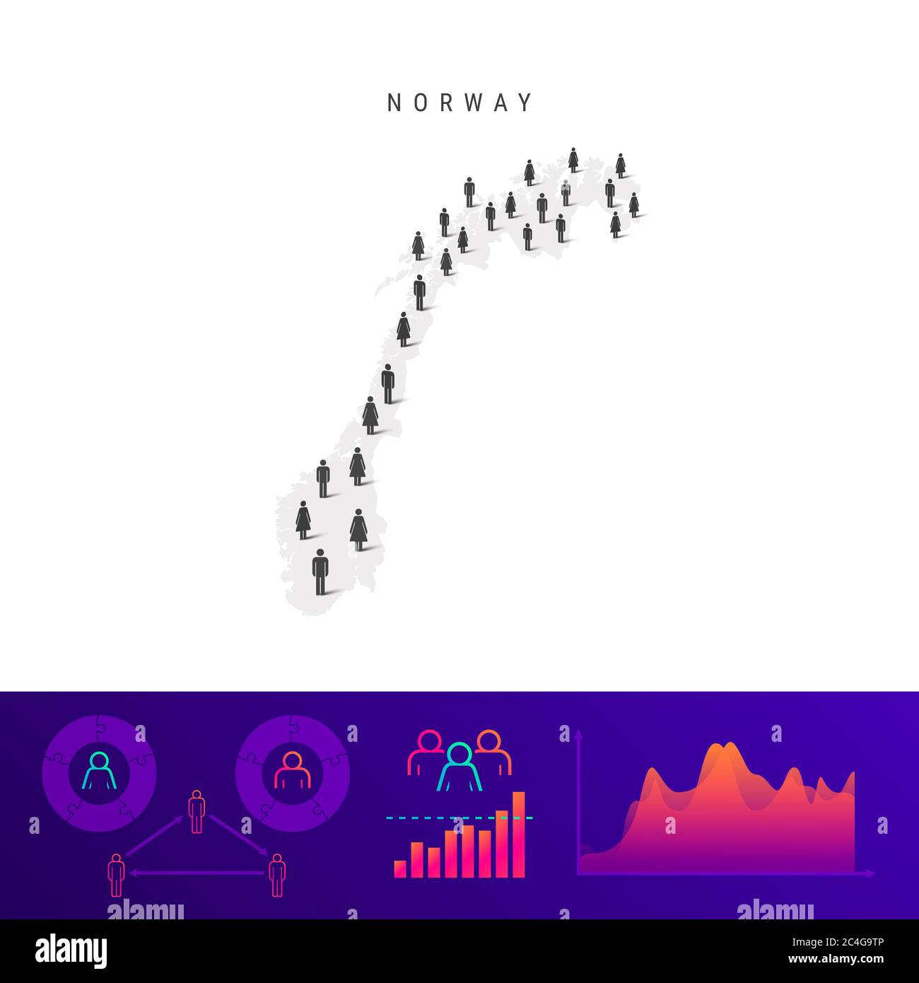 Mappa delle icone del popolo norvegese. Silhouette dettagliata. Folla mista di uomini e donne. Infografiche della popolazione. Illustrazione isolata. Foto Stock