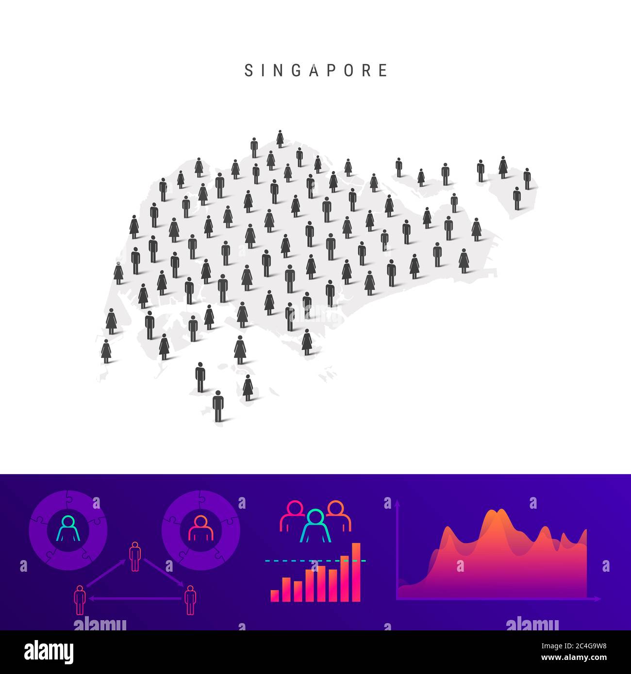 Mappa delle icone del popolo di Singapore. Silhouette dettagliata. Folla mista di uomini e donne. Infografiche della popolazione. Illustrazione isolata. Foto Stock