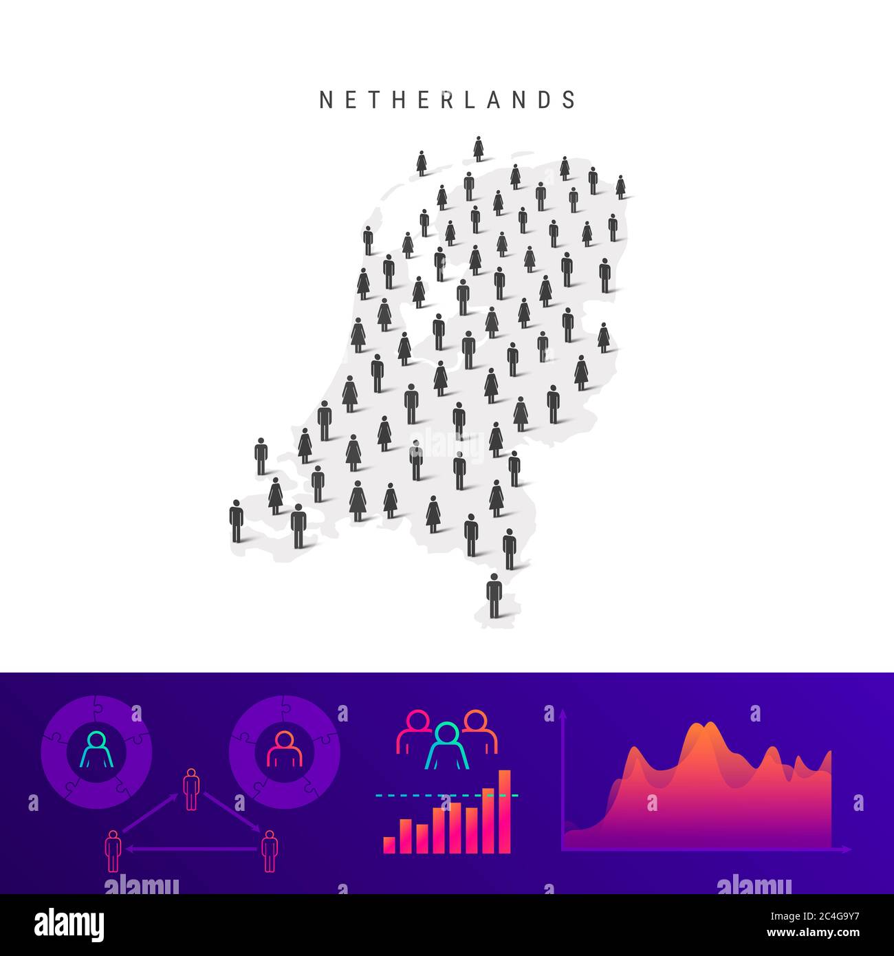 Mappa delle icone dei Paesi Bassi. Silhouette dettagliata. Folla mista di uomini e donne. Infografiche della popolazione. Illustrazione isolata. Foto Stock