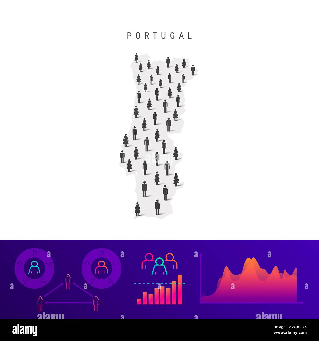 Mappa delle icone del popolo portoghese. Silhouette dettagliata. Folla mista di uomini e donne. Infografiche della popolazione. Illustrazione isolata. Foto Stock