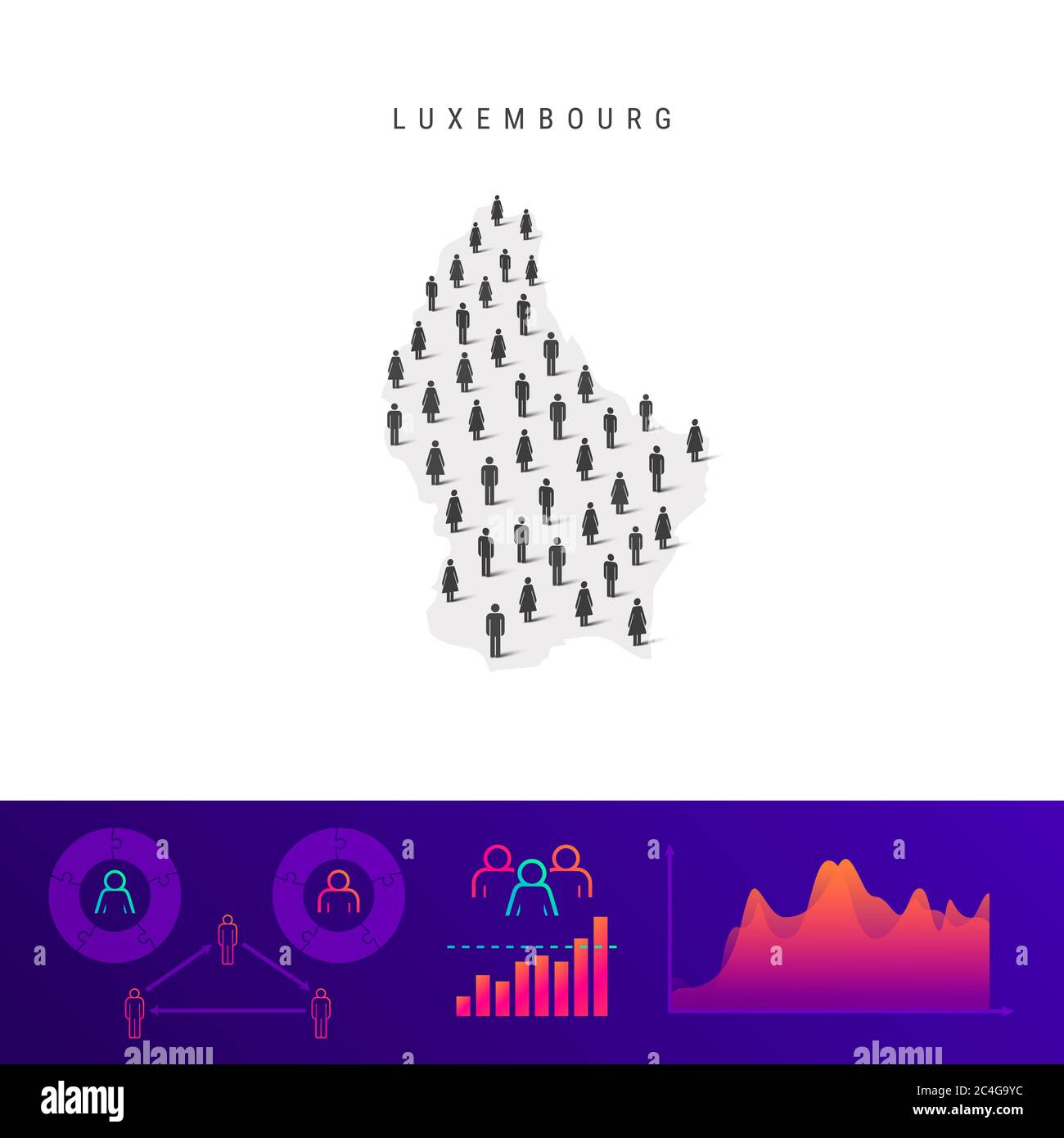 Mappa delle icone del popolo lussemburghese. Silhouette dettagliata. Folla mista di uomini e donne. Infografiche della popolazione. Illustrazione isolata. Foto Stock
