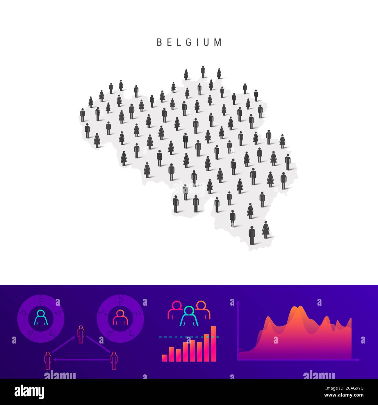 Mappa delle icone del popolo belga. Silhouette dettagliata. Folla mista di uomini e donne. Infografiche della popolazione. Illustrazione isolata. Foto Stock