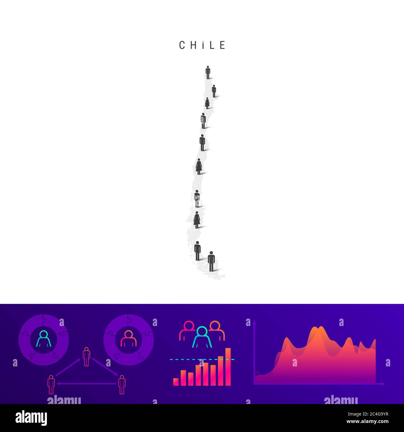 Mappa icone del popolo cileno. Silhouette dettagliata. Folla mista di uomini e donne. Infografiche della popolazione. Illustrazione isolata. Foto Stock