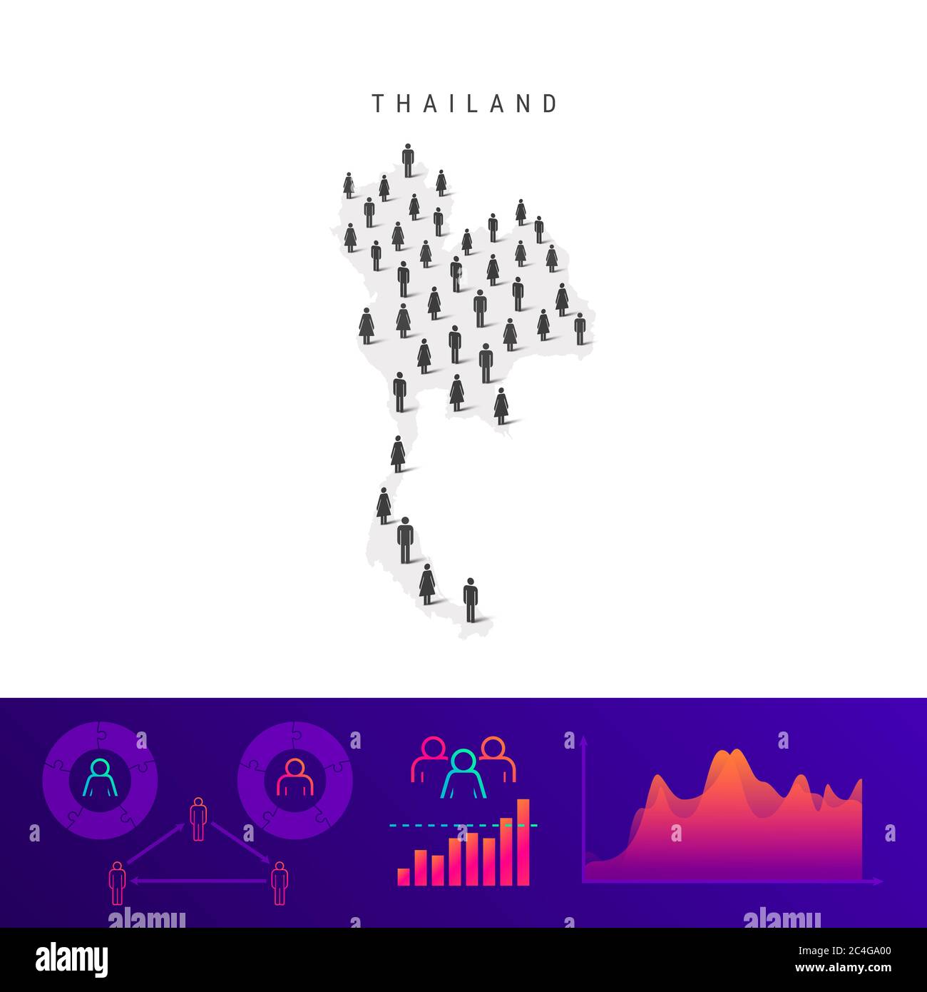Mappa icone del popolo tailandese. Silhouette dettagliata. Folla mista di uomini e donne. Infografiche della popolazione. Illustrazione isolata. Foto Stock