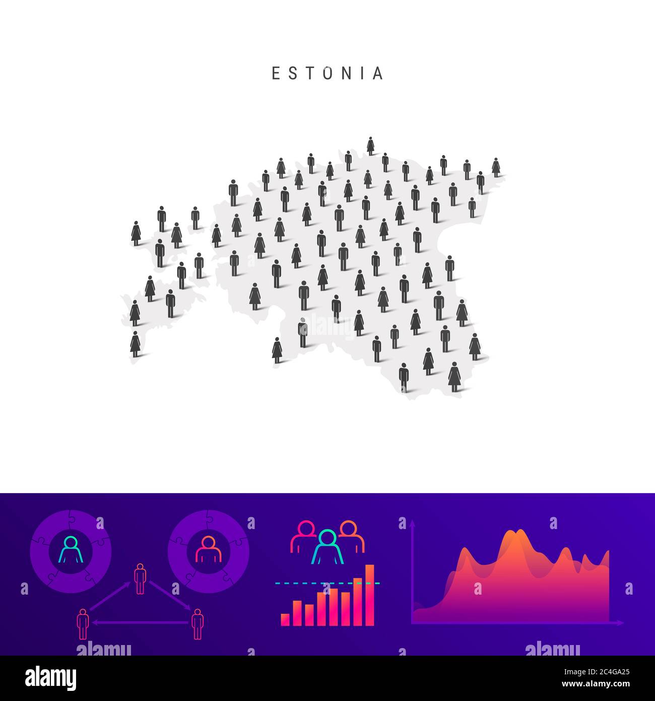 Mappa delle icone del popolo estone. Silhouette dettagliata. Folla mista di uomini e donne. Infografiche della popolazione. Illustrazione isolata. Foto Stock