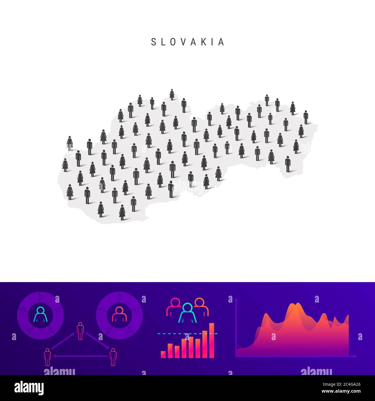 Mappa delle icone del popolo slovacco. Silhouette dettagliata. Folla mista di uomini e donne. Infografiche della popolazione. Illustrazione isolata. Foto Stock