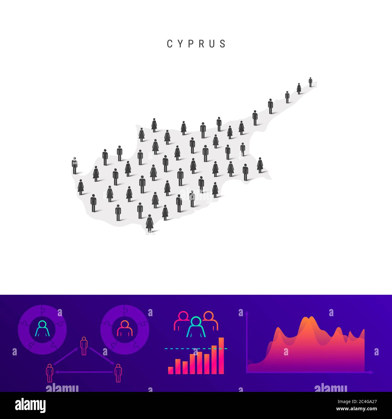 Mappa delle icone dei ciprioti. Silhouette dettagliata. Folla mista di uomini e donne. Infografiche della popolazione. Illustrazione isolata. Foto Stock