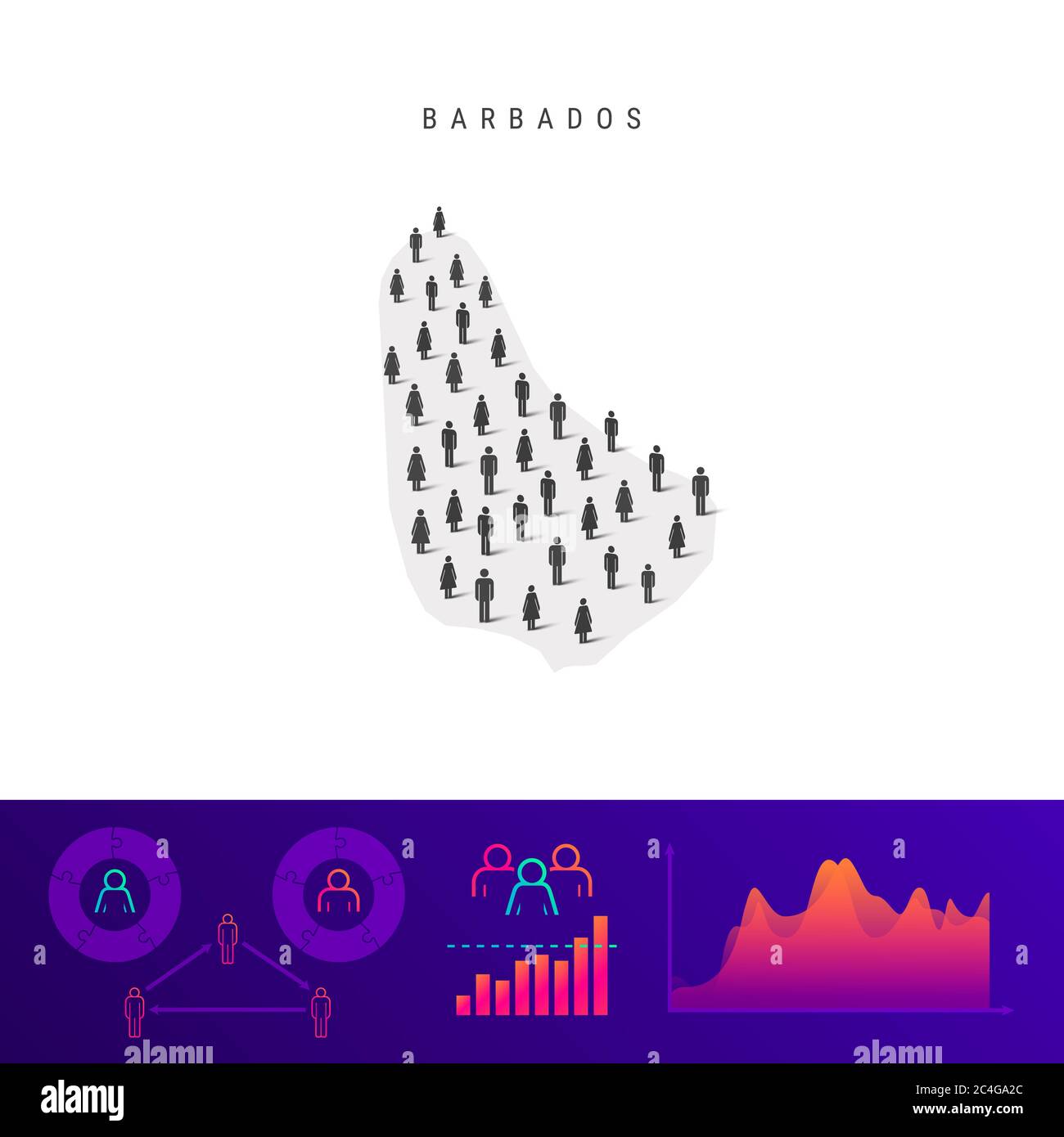 Mappa delle icone delle persone Barbados. Silhouette dettagliata. Folla mista di uomini e donne. Infografiche della popolazione. Illustrazione isolata. Foto Stock
