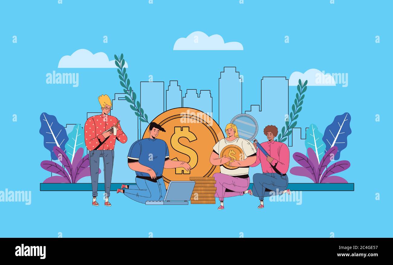 giovani con business finanziario icone vettoriale illustrazione disegno Illustrazione Vettoriale