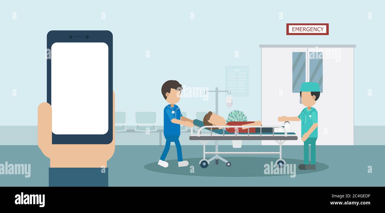 Concetto di servizio medico con schermo vuoto telefono cellulare e medico con paziente ferito in letto piano disegno vettoriale Illustrazione Vettoriale