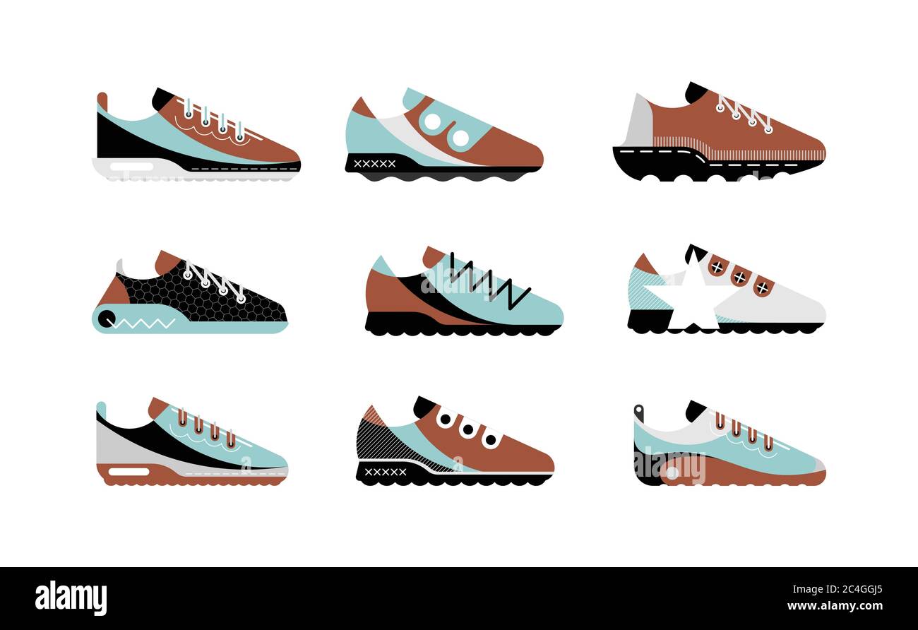 Blu chiaro, marrone, nero e grigio isolati su sfondo bianco Sports Shoes vettore icona Set. Collezione sneakers. Illustrazione Vettoriale