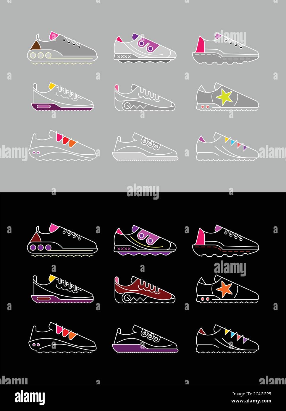 Collezione di scarpe sportive moderne. Set di icone vettoriali multicolore. Illustrazione Vettoriale