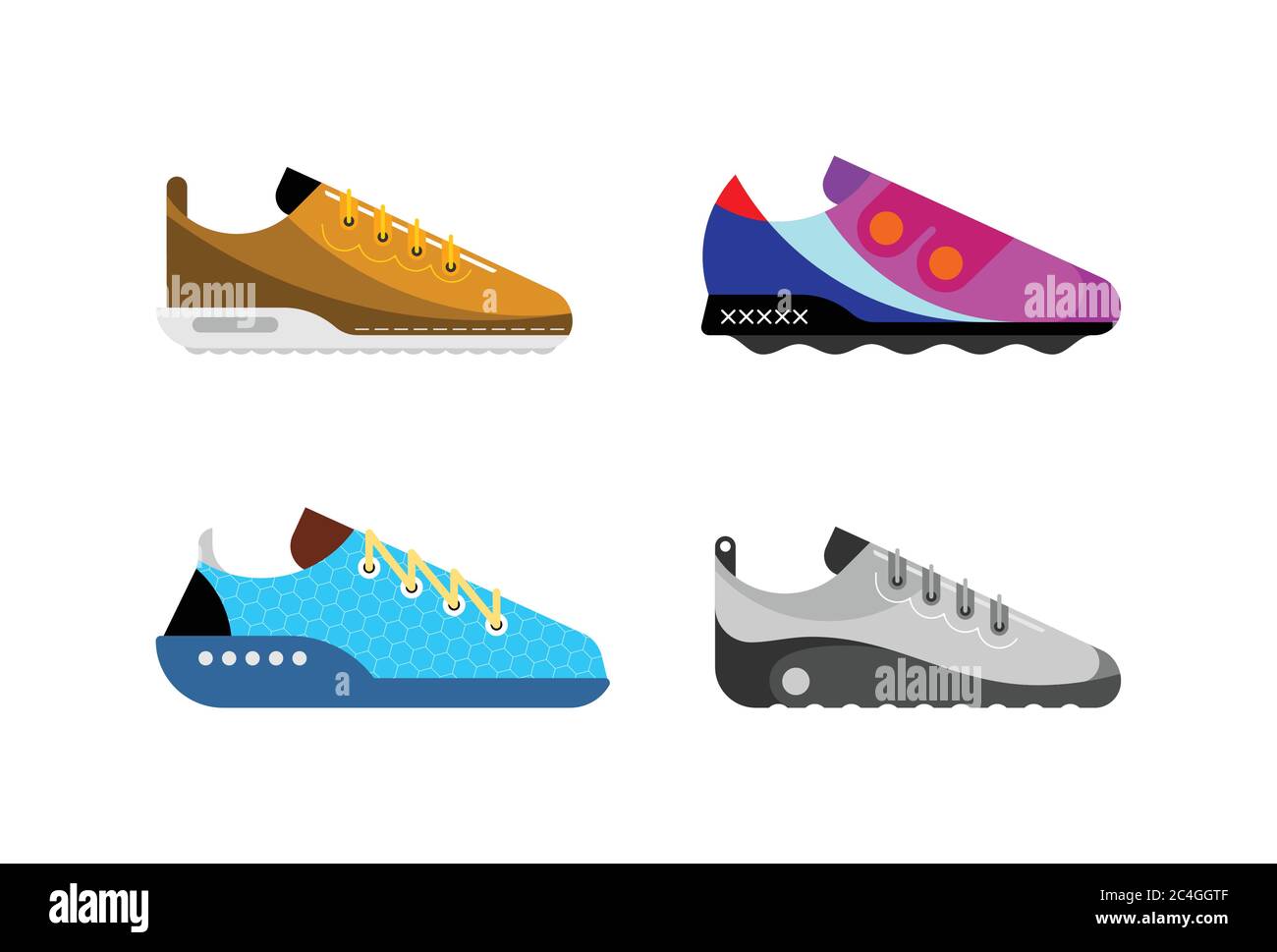 Collezione di scarpe sportive moderne. Insieme di icone vettoriali multicolore isolate su sfondo bianco. Illustrazione Vettoriale