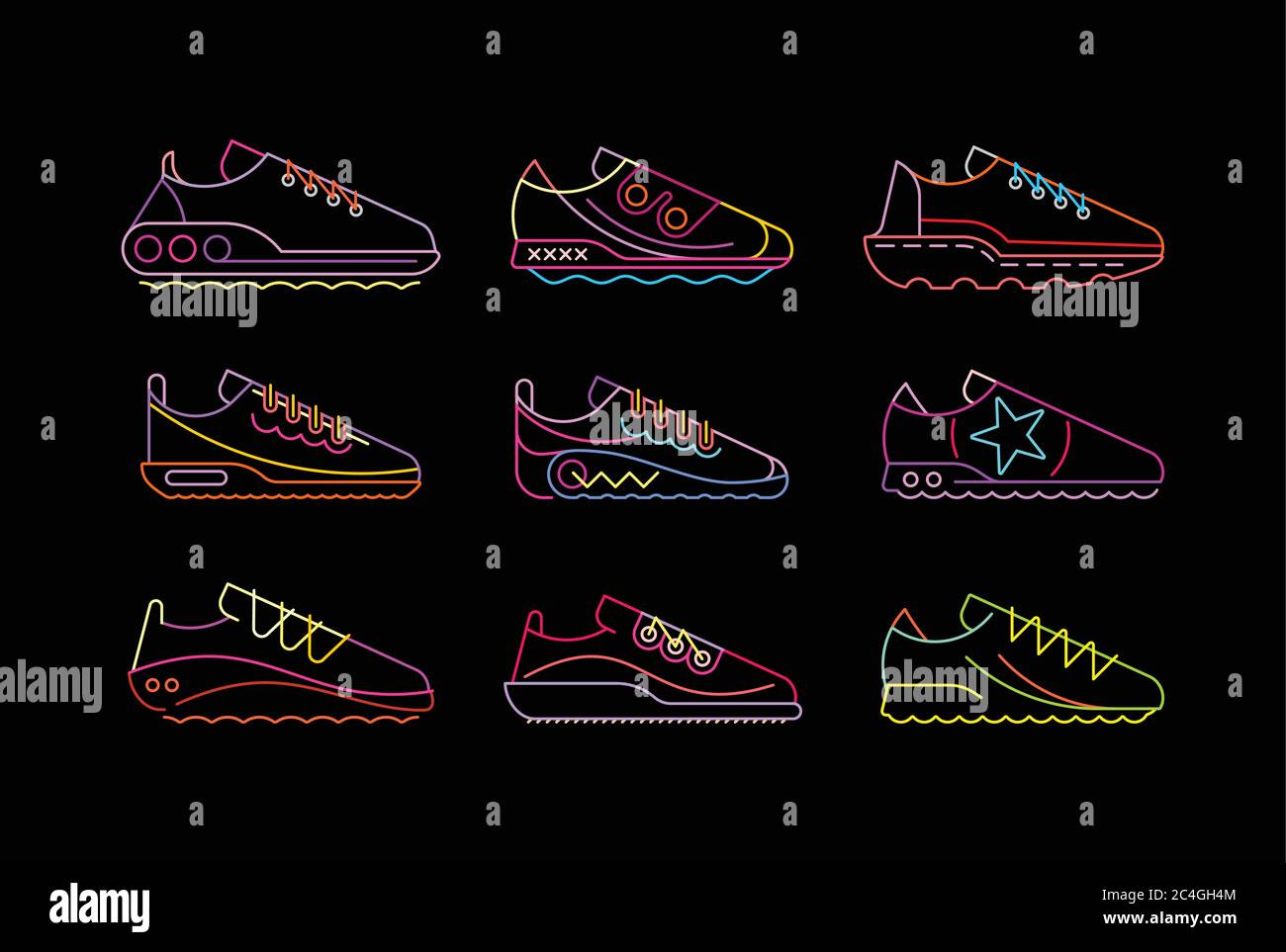 Collezione di scarpe sportive moderne. Insieme di icone vettoriali multicolore isolate su sfondo nero. Illustrazione Vettoriale