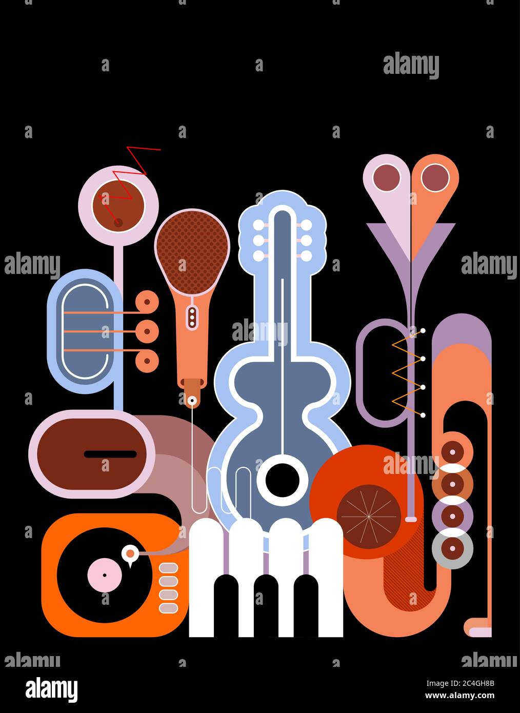 Design piatto colorato isolato su sfondo nero illustrazione vettoriale di Music Instruments. Composizione artistica di chitarra, sassofono, tastiera a piano, Illustrazione Vettoriale
