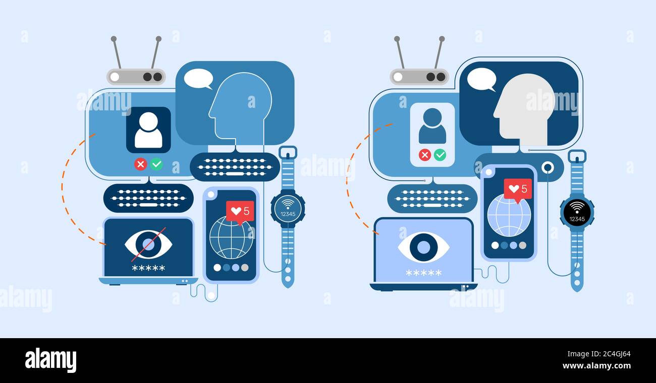 Illustrazione vettoriale del concetto di social networking. Progettazione con computer e dispositivi elettronici isolati su sfondo azzurro. Illustrazione Vettoriale