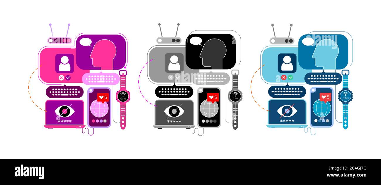3 opzioni di un'illustrazione vettoriale di Social Networking. Progettazione con computer e dispositivi elettronici isolati su sfondo bianco. Illustrazione Vettoriale