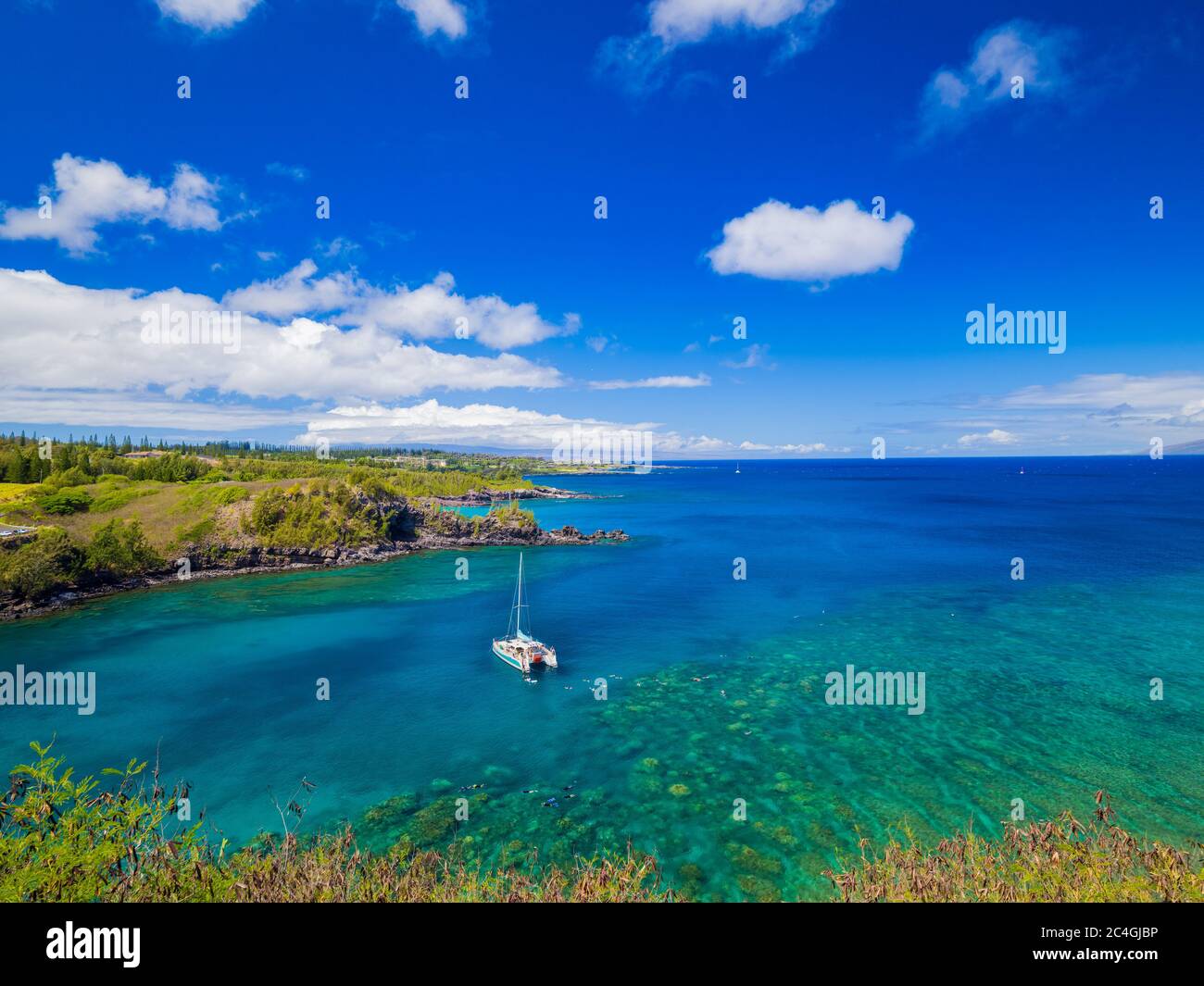 Paesaggio di Honolua Bay Maui Hawaii snorkeling barriere coralline in riserva marina Foto Stock