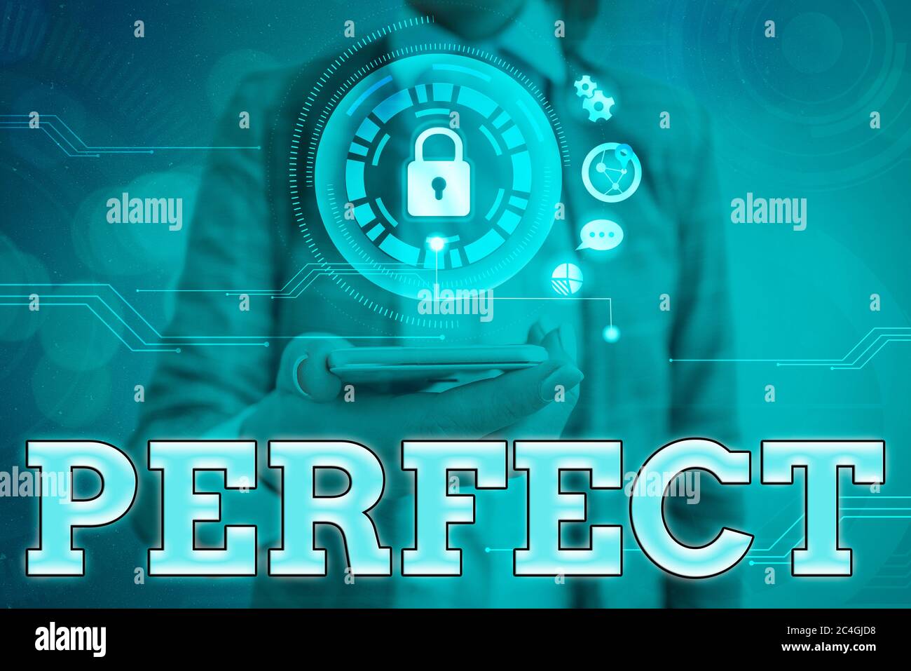 Il segno di testo mostra perfetto. Vetrina fotografica aziendale completa senza difetti o difetti con precisione precisa o esatta Foto Stock