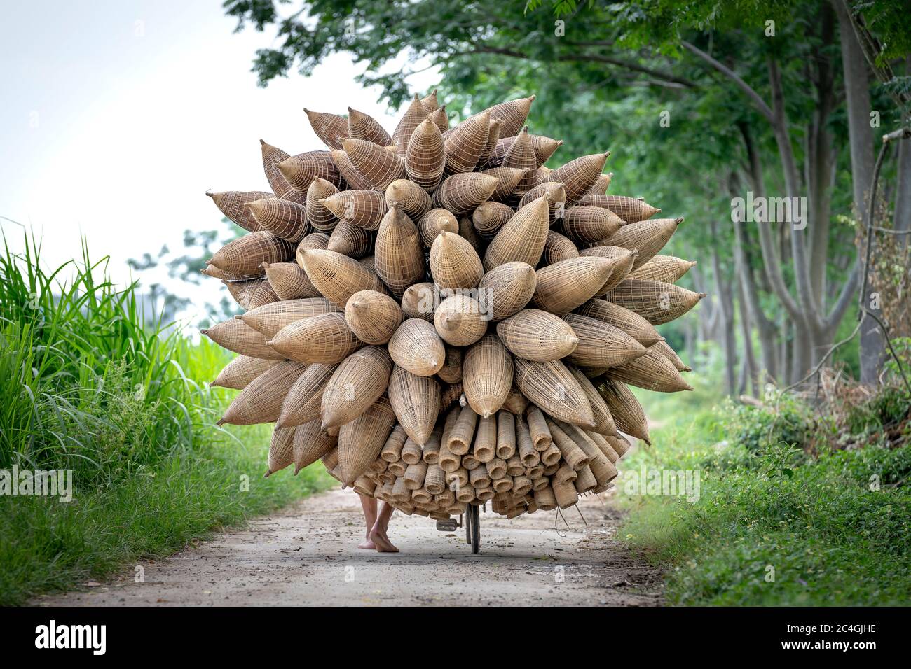 Comune di Tan Hung, distretto di Tien Lu, provincia di Hung Yen, Vietnam - 27 maggio 2020: Un artigiano esperto che trasporta i suoi prodotti di bambù sulle biciclette per sel Foto Stock