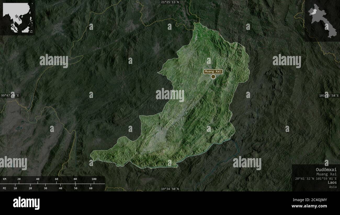 Oudômxai, provincia del Laos. Immagini satellitari. Forma presentata contro la sua area di paese con overlay informativi. Rendering 3D Foto Stock