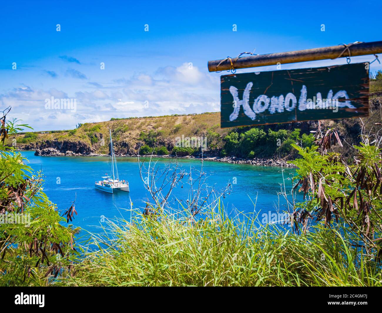Paesaggio di Honolua Bay Maui Hawaii snorkeling barriere coralline in riserva marina Foto Stock
