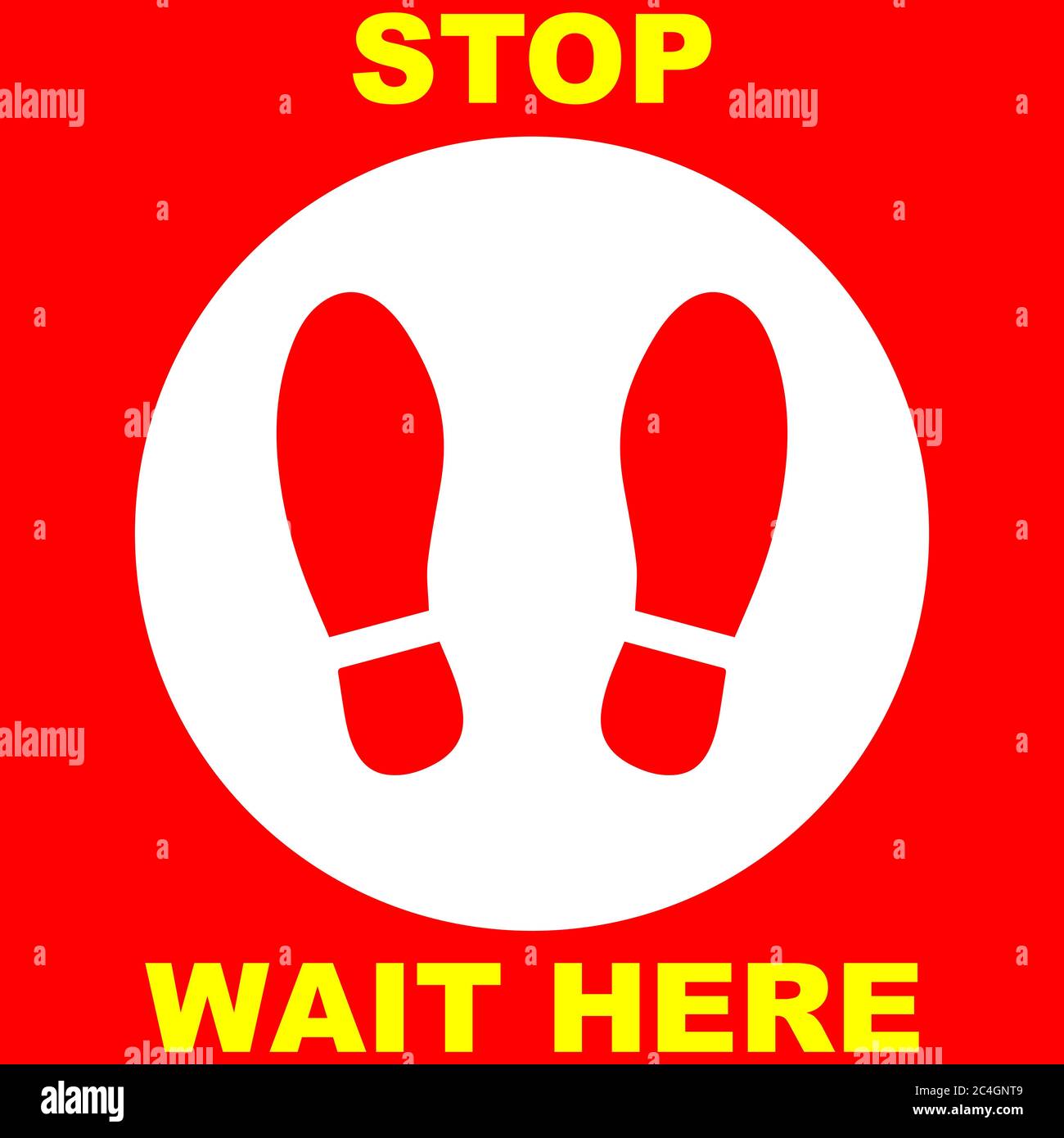 Adesivo per pavimenti social distancing per il covid 19 coronavirus con impronte e il testo "stop wait here" Illustrazione Vettoriale