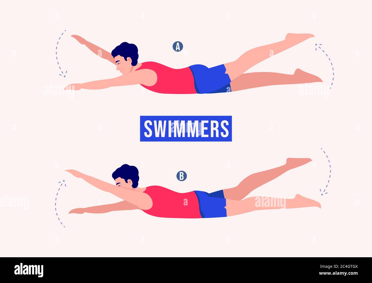 Uomini che fanno esercizio nuotatori, uomini allenano fitness, aerobica ed esercizi. Illustrazione vettoriale. Illustrazione Vettoriale