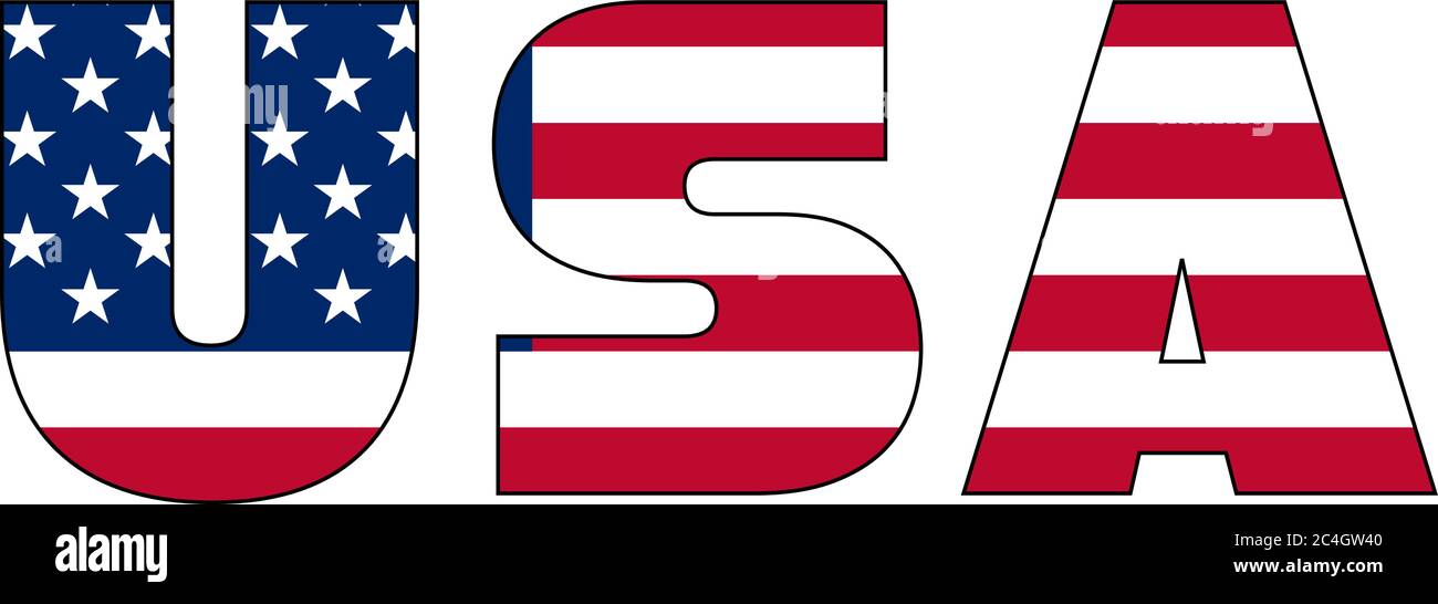 Testo 3D USA con bandiera americana all'interno del testo. Illustrazione vettoriale su sfondo bianco. Bandiera USA nel testo. Bandiera americana in lettere. Emblema nazionale. Illustrazione Vettoriale